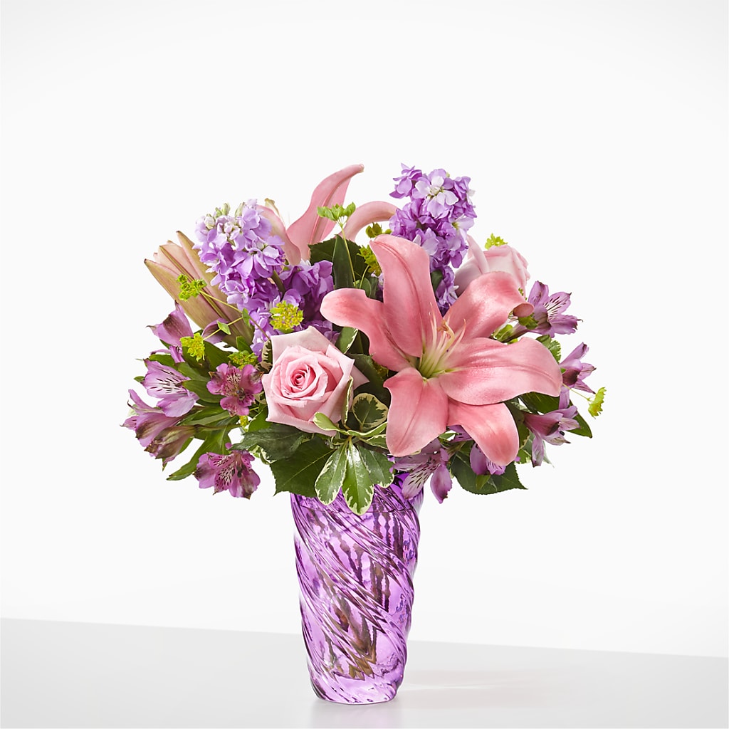 Precious Petals Bouquet with Luxe Swirl Vase – Le Bloom Floral, Le Mars IA